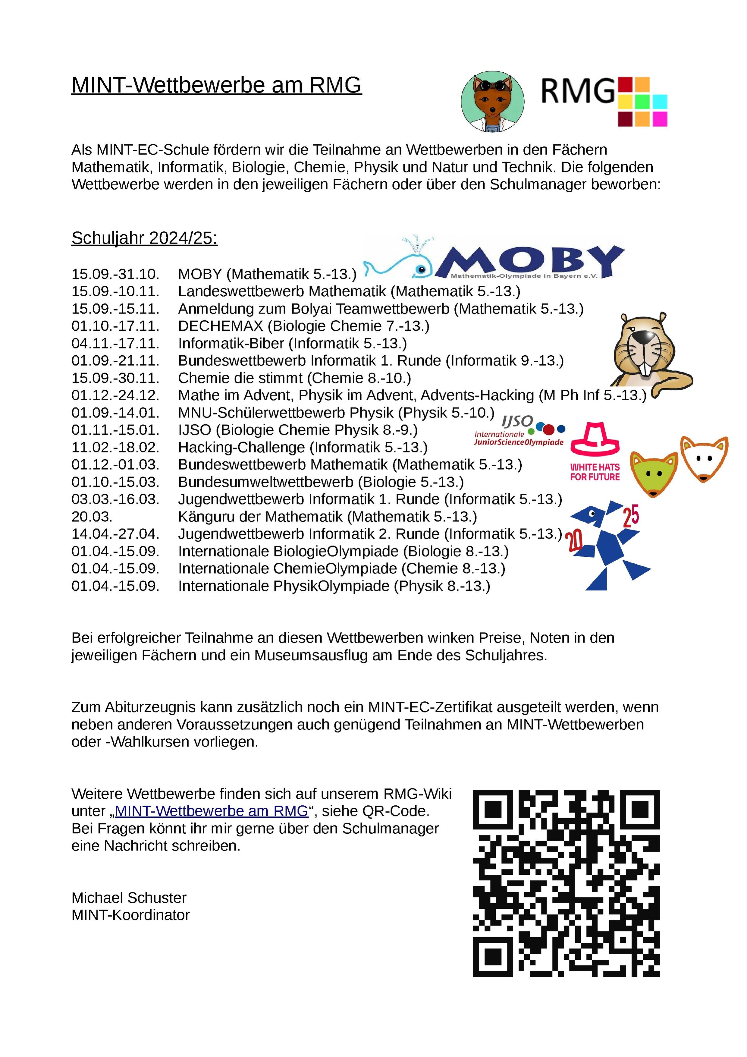 am RMG durchgeführte MINT-Wettbewerbe im Schuljahr 2024/25